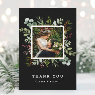 Botanical Greenery Christmas Black Wedding Photo Thank You Card