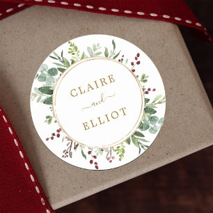 Botanical Greenery Christmas Holiday Gold Classic Round Sticker