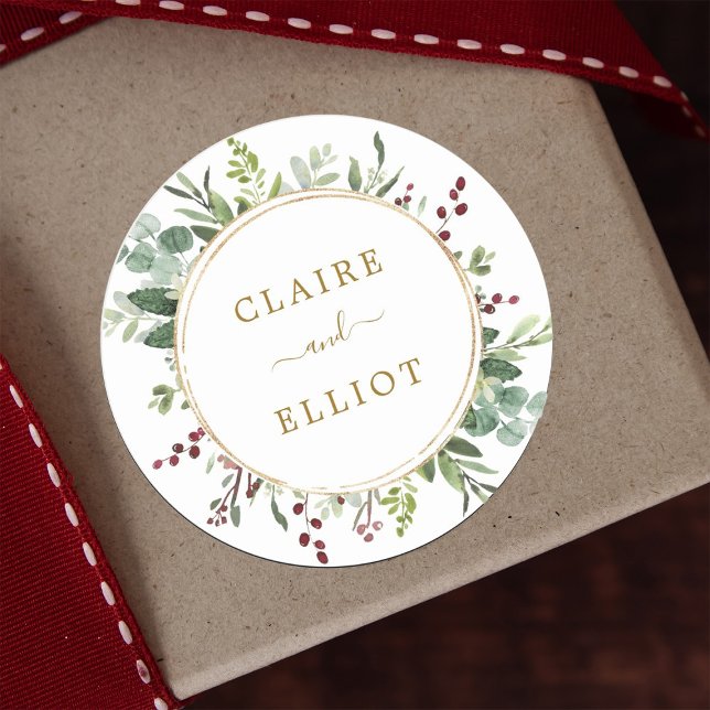 Botanical Greenery Christmas Holiday Gold Classic Round Sticker (Creator Uploaded)