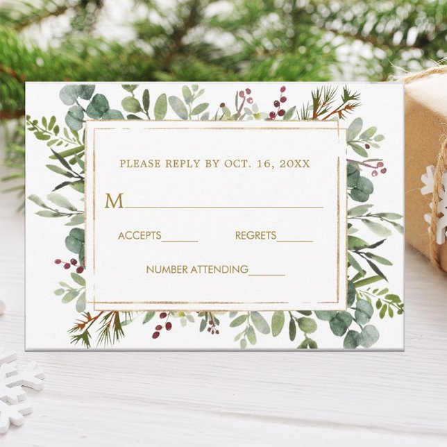 Botanical Greenery Christmas Holiday Gold Wedding  RSVP Card (Creator Uploaded)