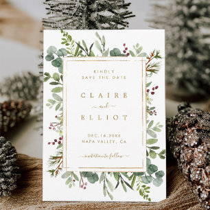 Botanical Greenery Christmas Holiday Gold Wedding Save The Date
