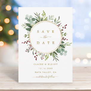 Botanical Greenery Christmas Holiday Gold Wedding  Save The Date