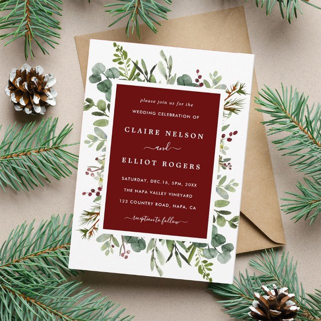 Botanical Greenery Christmas Holiday Red Wedding Invitation (Creator Uploaded)