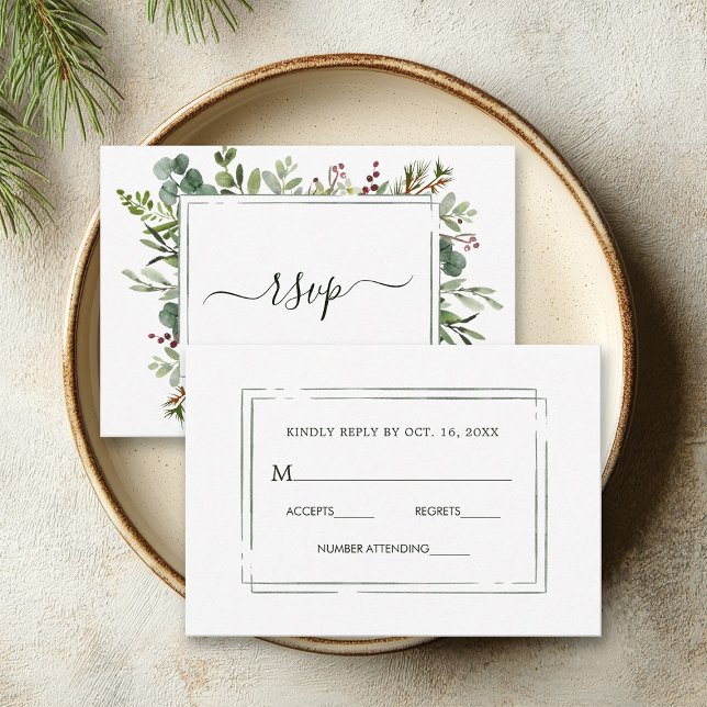 Botanical Greenery Christmas Holiday Wedding RSVP Card (Front & Back)