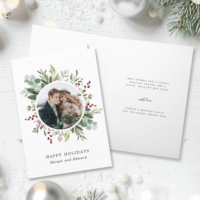 Botanical Greenery Christmas Photo Holiday Card (Front & Inside)