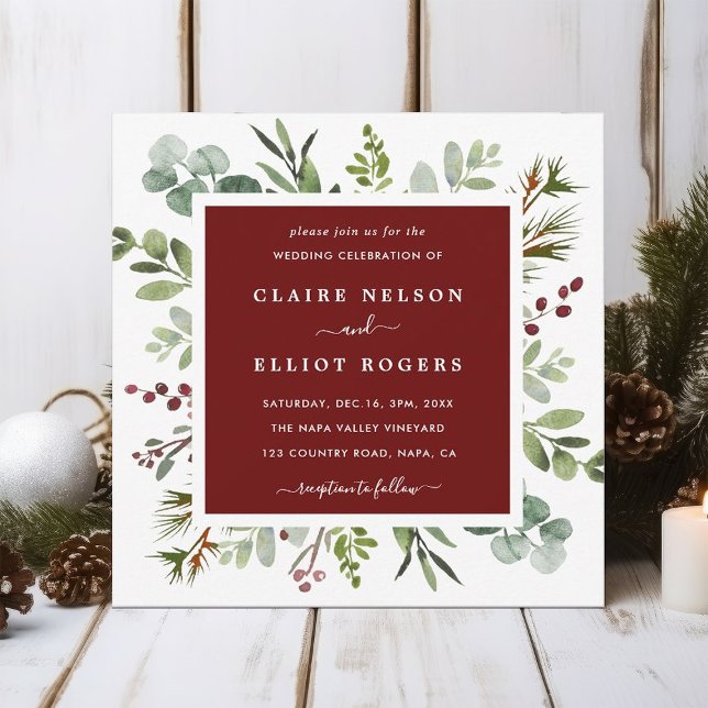 Botanical Greenery Christmas Red Wedding Square Invitation (Creator Uploaded)