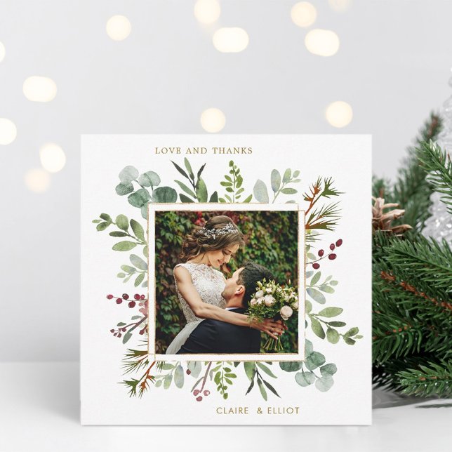 Botanical Greenery Christmas Wedding Photo Square  Thank You Card (Creator Uploaded)