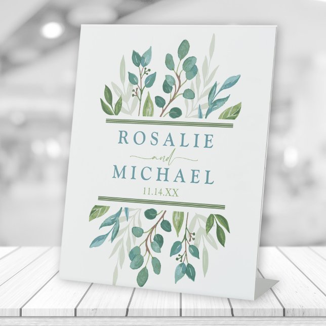 Botanical Greenery Custom Name  Pedestal Sign (Botanical Greenery Freestanding Custom Wedding Tabletop Sign)