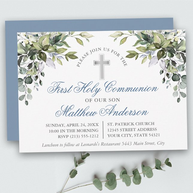 Botanical Greenery Dusty Blue First Communion Invitation (Customize to change text size, color, style or to change color of back of card.)