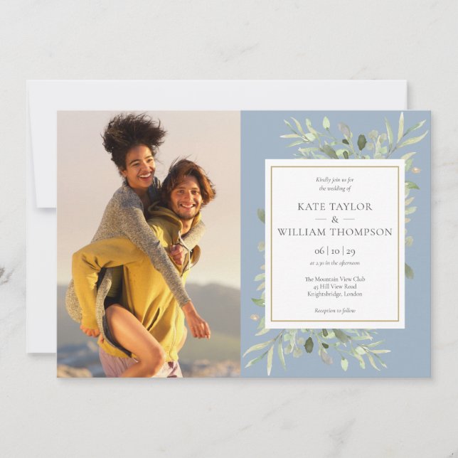 Botanical Greenery Dusty Blue Photo Wedding Invitation (Front)