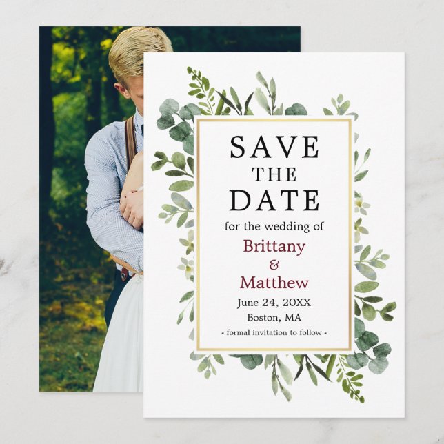 Botanical Greenery Eucalyptus Burgundy Photo Save The Date (Front/Back)