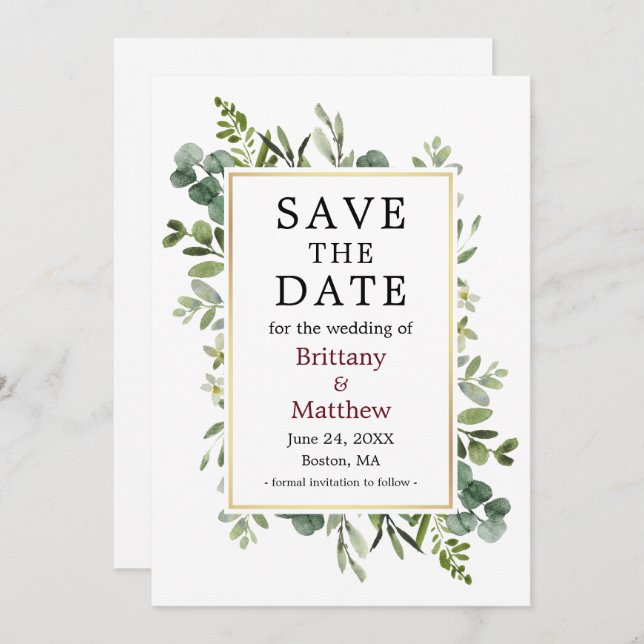 Botanical Greenery Eucalyptus Burgundy Save The Date (Front/Back)
