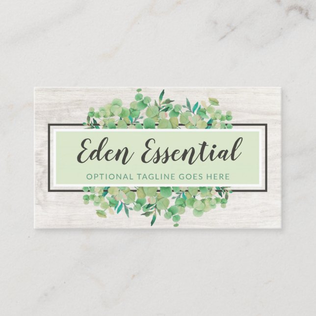 Botanical Greenery Eucalyptus & Rustic Wood Eco Business Card (Front)