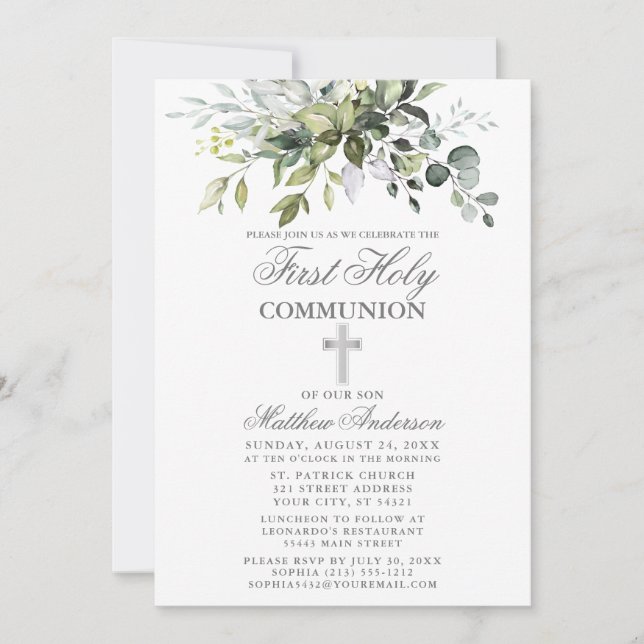 Botanical Greenery First Communion Silver Invitation (Front)