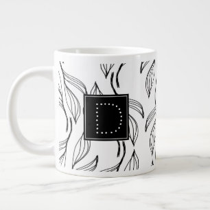 Botanical Greenery Floral Black and White Monogram Large Coffee Mug
