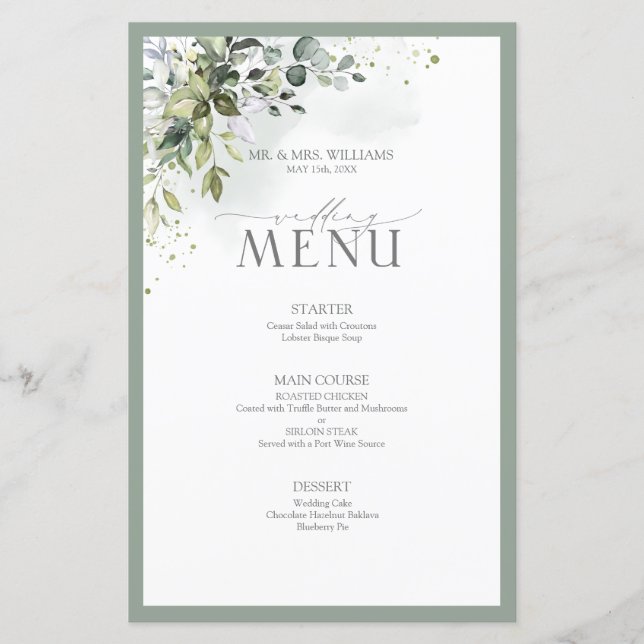 Botanical Greenery Floral Watercolor Wedding Menu (Front)