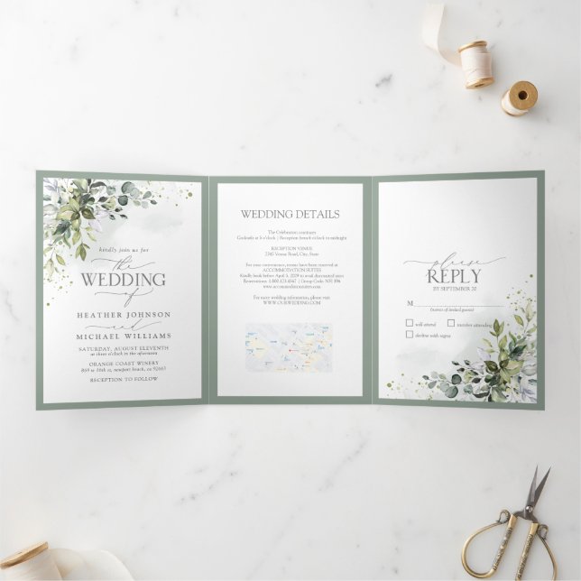 Botanical Greenery Floral Watercolor Wedding Tri-Fold Invitation (Inside)