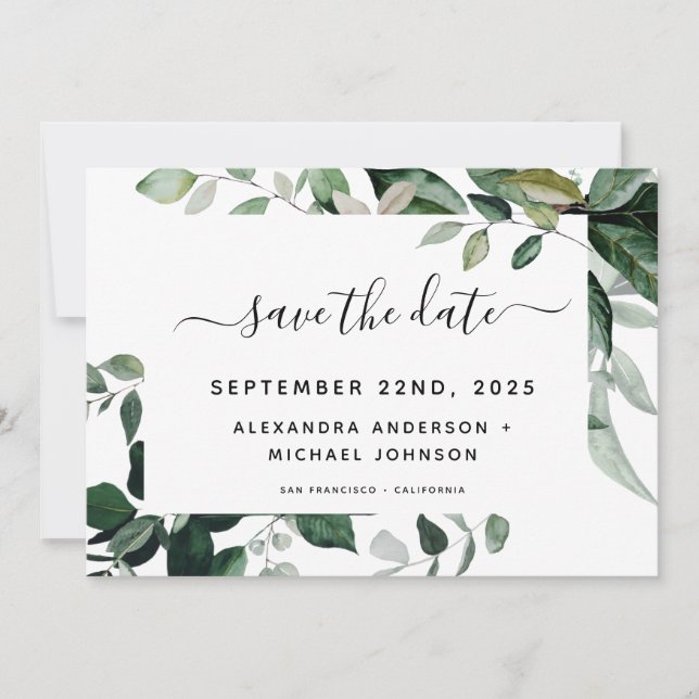 Botanical Greenery Foliage Watercolor Wedding Save Save The Date (Front)