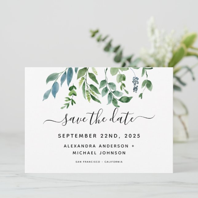 Botanical Greenery Foliage Watercolor Wedding Save The Date (Standing Front)