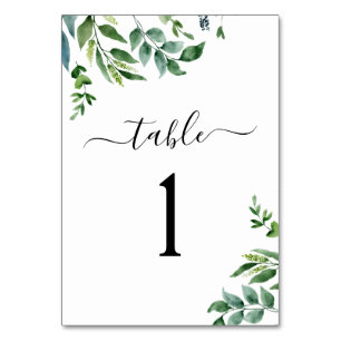 Botanical Greenery Foliage Watercolor Wedding Table Number