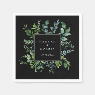 Botanical Greenery Frame Black Wedding Napkin