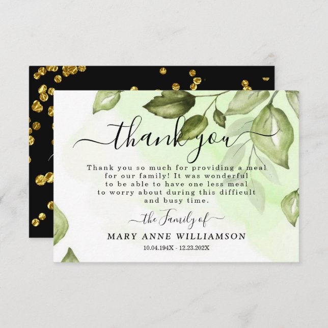 Botanical Greenery Funeral Food Thank You Card (Front/Back)