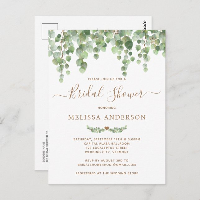 Botanical Greenery Gold Bridal Shower Invitation Postcard (Front/Back)