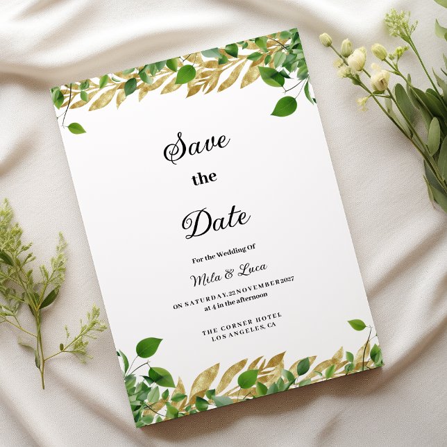 Botanical greenery gold foliage Save the Date  Invitation (Botanical greenery gold foliage Save the Date )