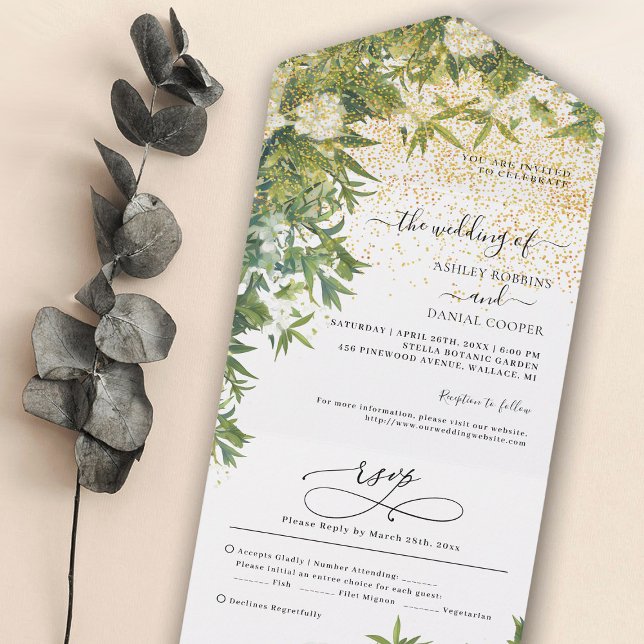 Botanical Greenery Gold Glitter Wedding All In One Invitation (Creator Uploaded)