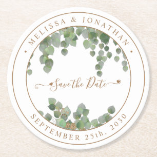 Botanical Greenery Gold Wedding Save The Date Round Paper Coaster