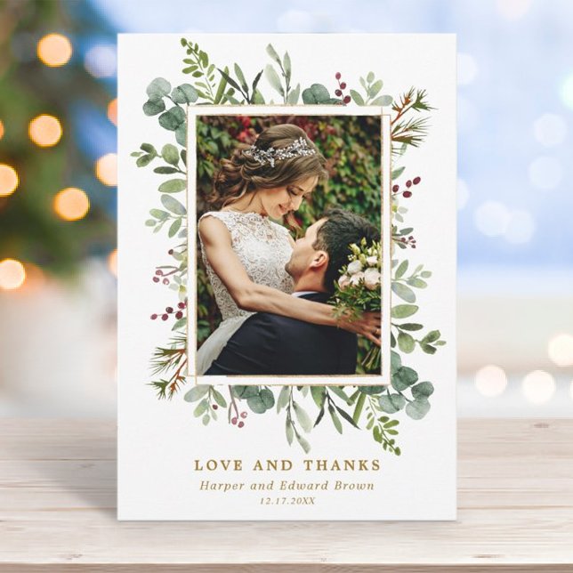 Botanical Greenery Gold Winter Wedding Photo Thank You Card (Creator Uploaded)