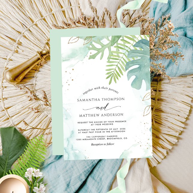 Botanical Greenery, Green Blue Watercolor Wedding Invitation (Creator Uploaded)