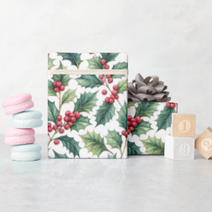 Botanical Greenery Holly and Cherries Holiday Wrapping Paper