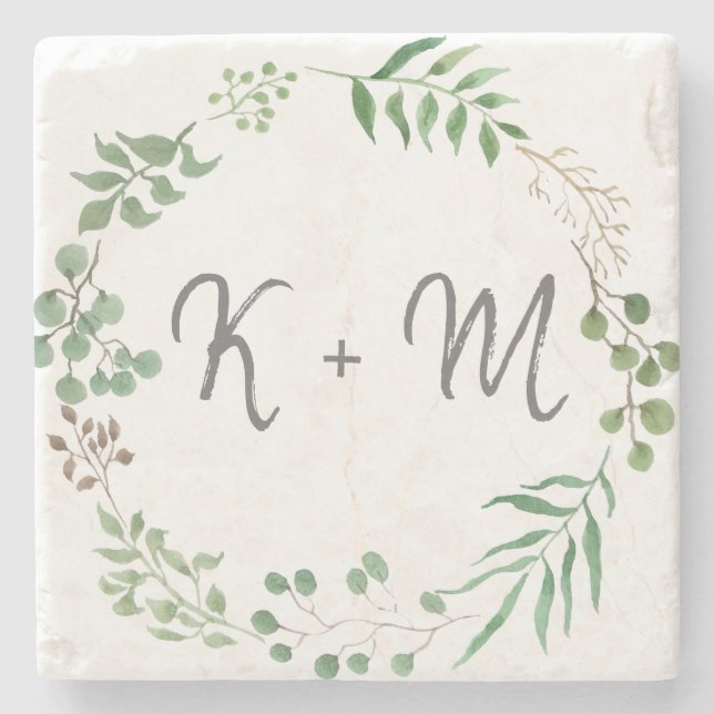 Botanical Greenery | Leaf | Wedding Monogram Stone Coaster (Front)