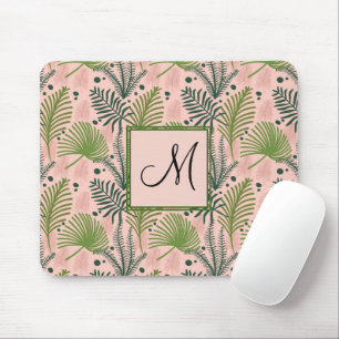 Botanical Greenery Leaves and Monogram Pink Mouse Pad