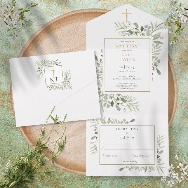 Botanical Greenery Leaves Baptism All In One Invitation (Creator Uploaded)