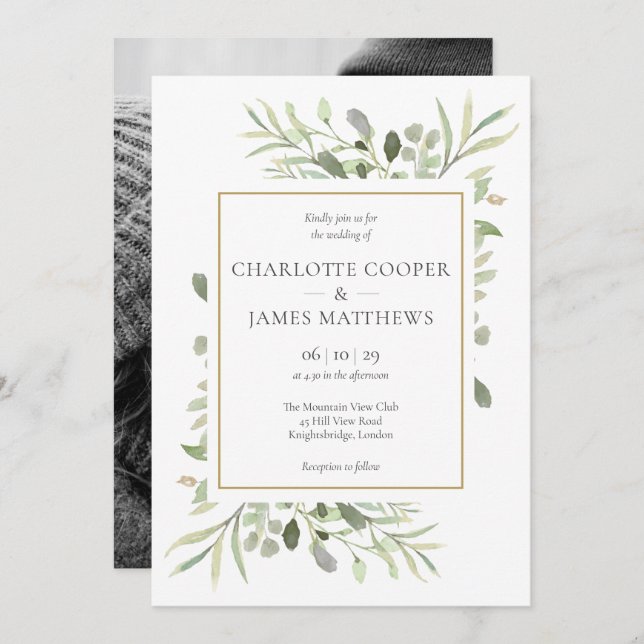 Botanical Greenery Leaves Photo Wedding Invitation (Front/Back)