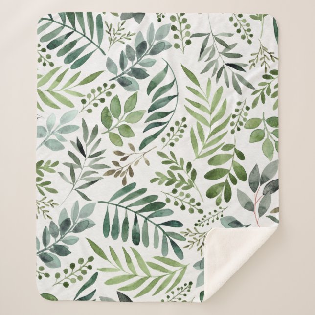 Botanical Greenery Leaves Watercolor   Sherpa Blanket (Front)