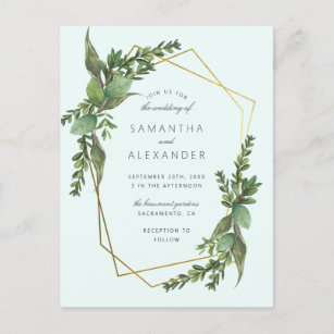Botanical Greenery Mint & Gold Geometric Wedding Invitation Postcard