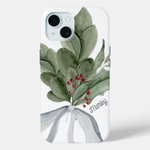 Botanical Greenery Mistletoe Personalized iPhone 15 Case