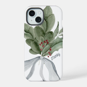 Botanical Greenery Mistletoe Personalized iPhone 15 Case