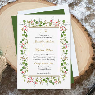 Botanical Greenery Monogam Christmas Wedding Invitation