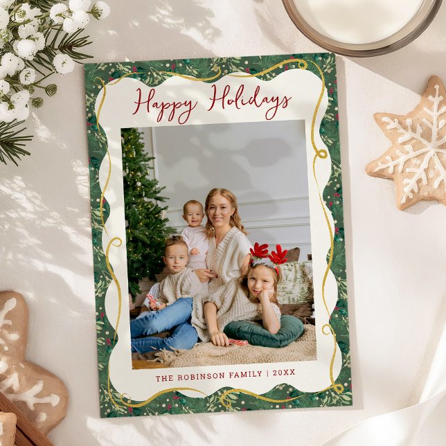 Botanical Greenery Pattern Happy Holidays 1 Photo Holiday Card (Creator Uploaded)