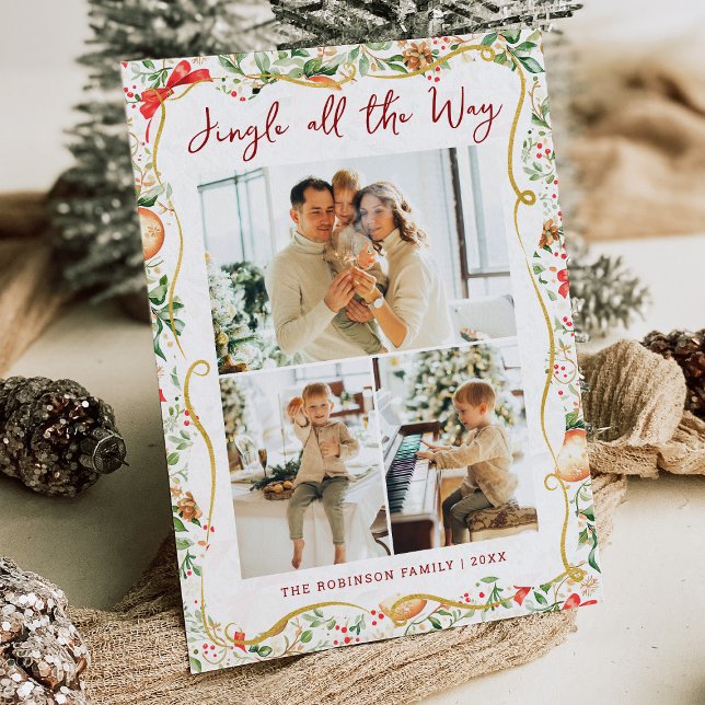 Botanical Greenery Pattern Jingle Christmas Photo Holiday Card (Creator Uploaded)