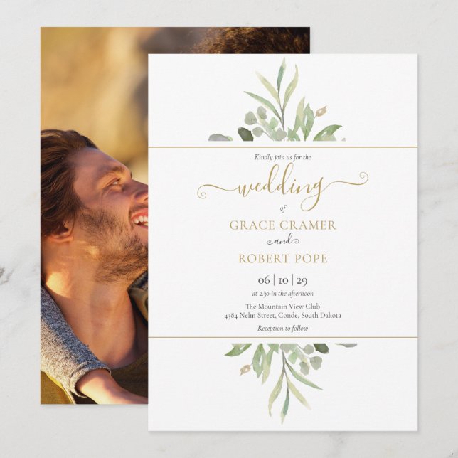 Botanical Greenery Photo Gold Script Wedding Invitation (Front/Back)
