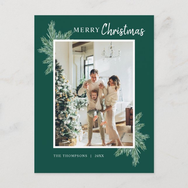 Botanical Greenery Pine Photo Merry Christmas Postcard (Front)