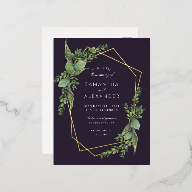 Botanical Greenery Purple & Gold Geometric Wedding Foil Invitation Postcard (Front/Back)