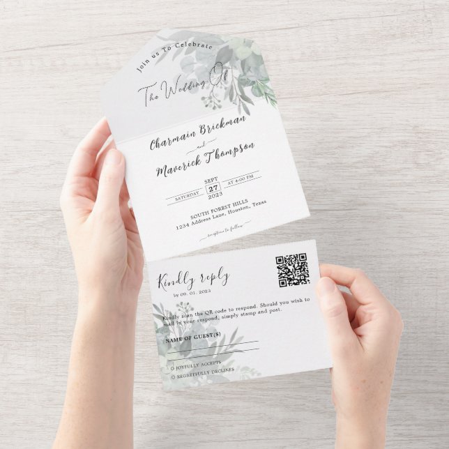 Botanical Greenery QR Code Wedding All In One Invitation (Tearaway)