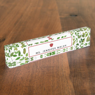 Botanical Greenery Red Apple Teacher Nameplate