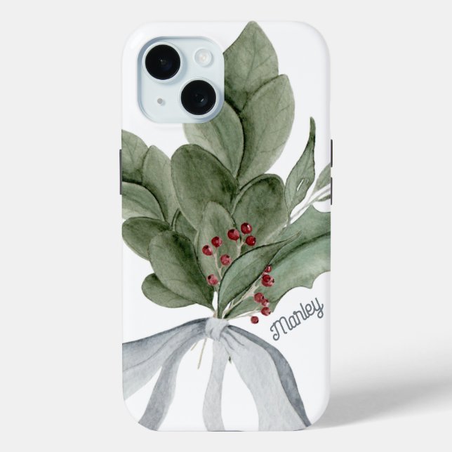 Botanical Greenery Silver Ribbon Personalized Case-Mate iPhone Case (Back)